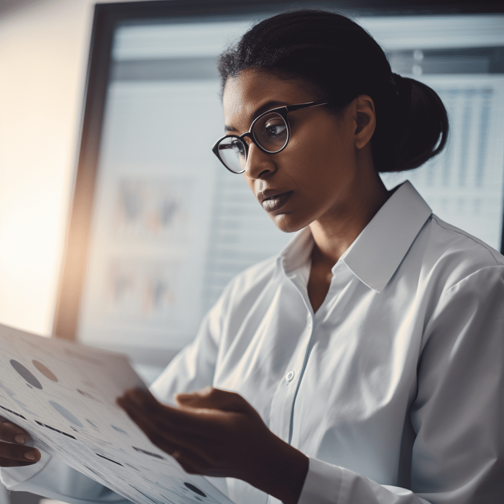 A doctor wearing glasses looks at a medical chart