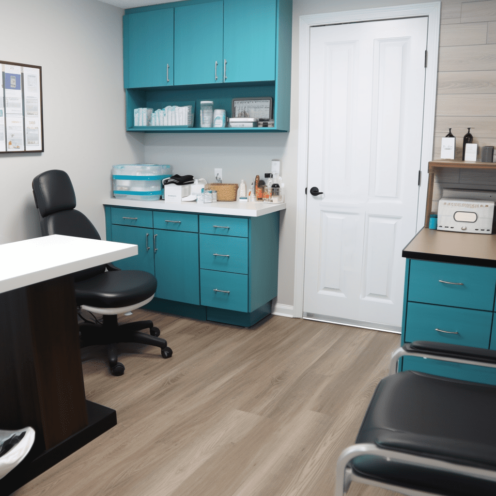 Un consultorio médico vacío con armarios azules y una puerta blanca