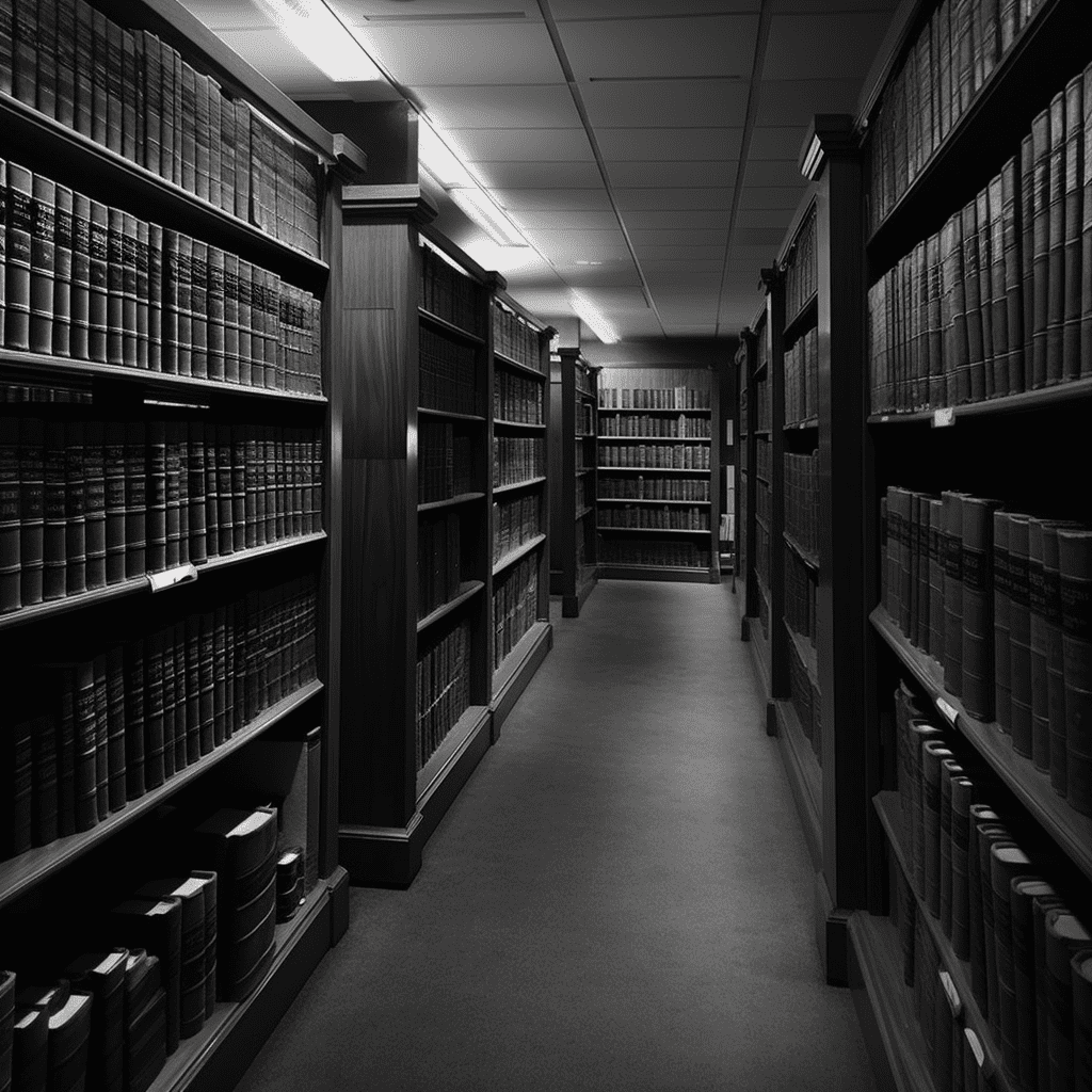 Grayscale photo of library full of books