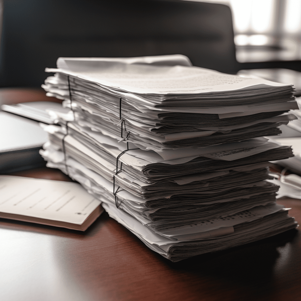 Several stacks of legal papers and records