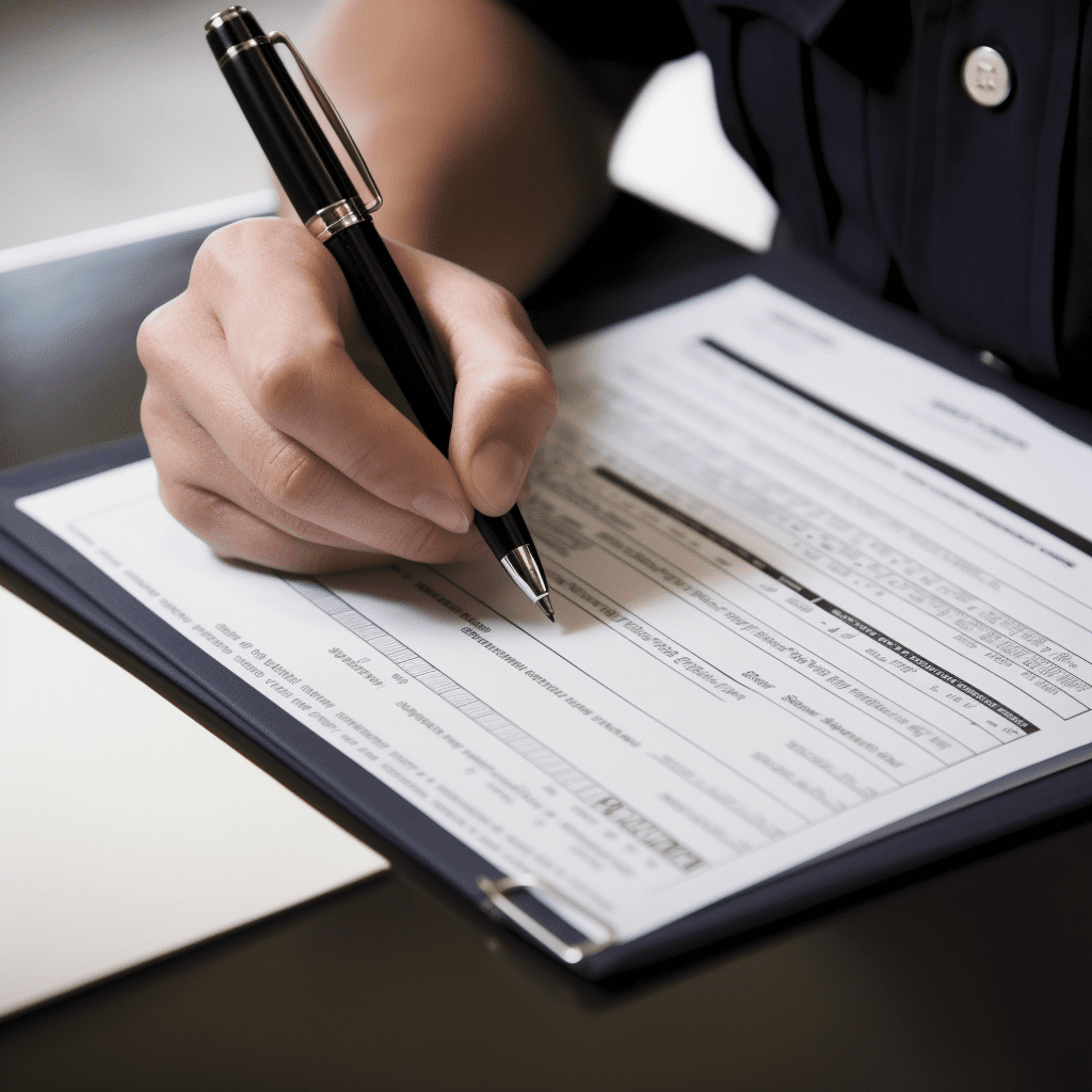 Un agente de policía rellena un formulario con un bolígrafo