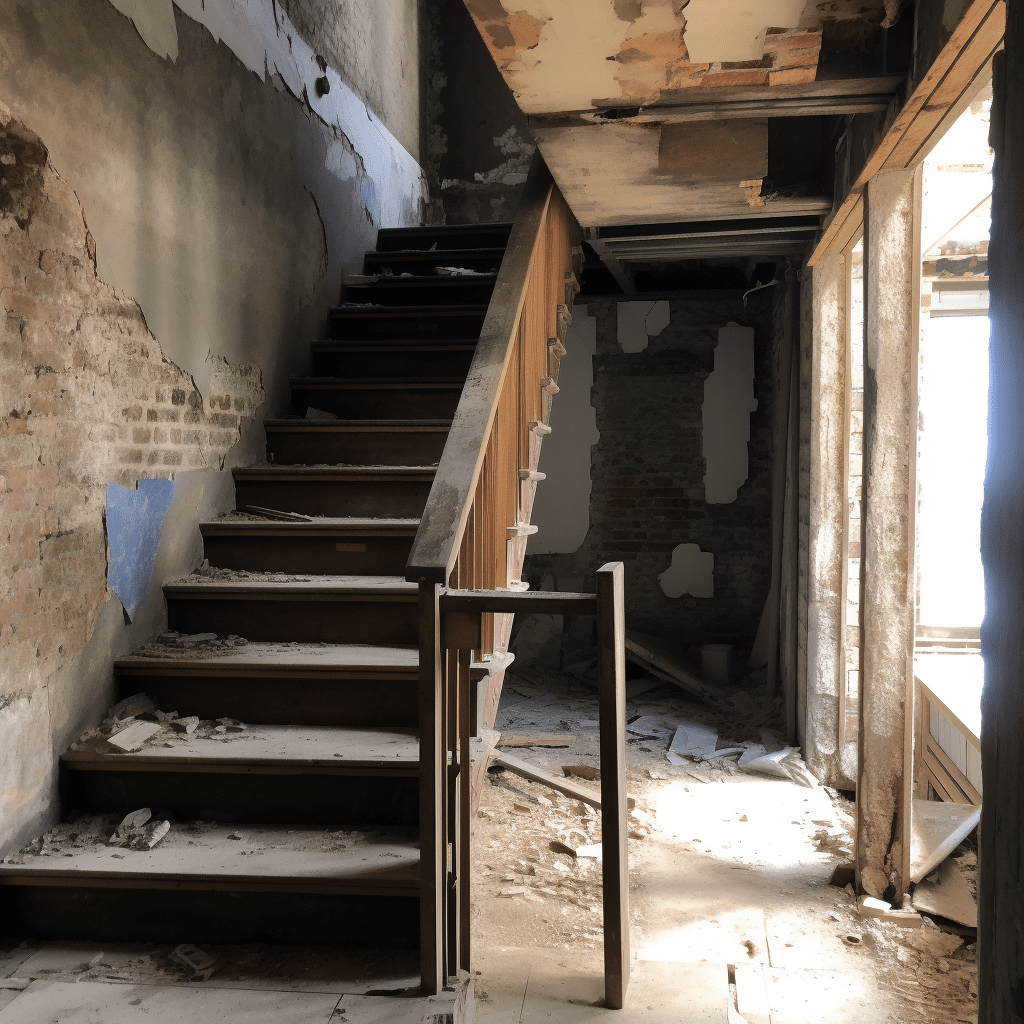 Una casa en ruinas con una escalera rota