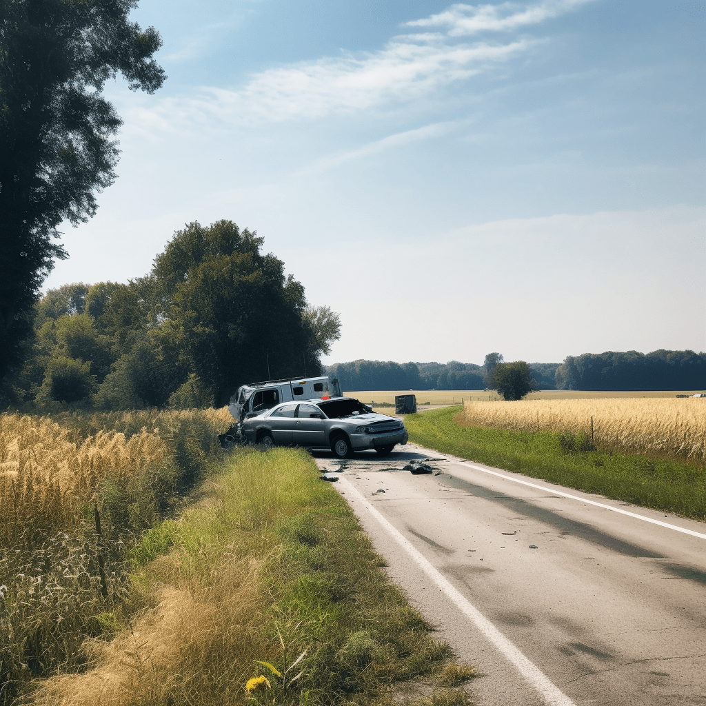 A gray car crash with a white truck on a rural road