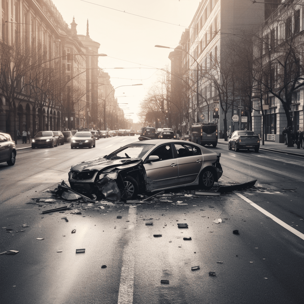Un accidente de coche gris en una carretera urbana