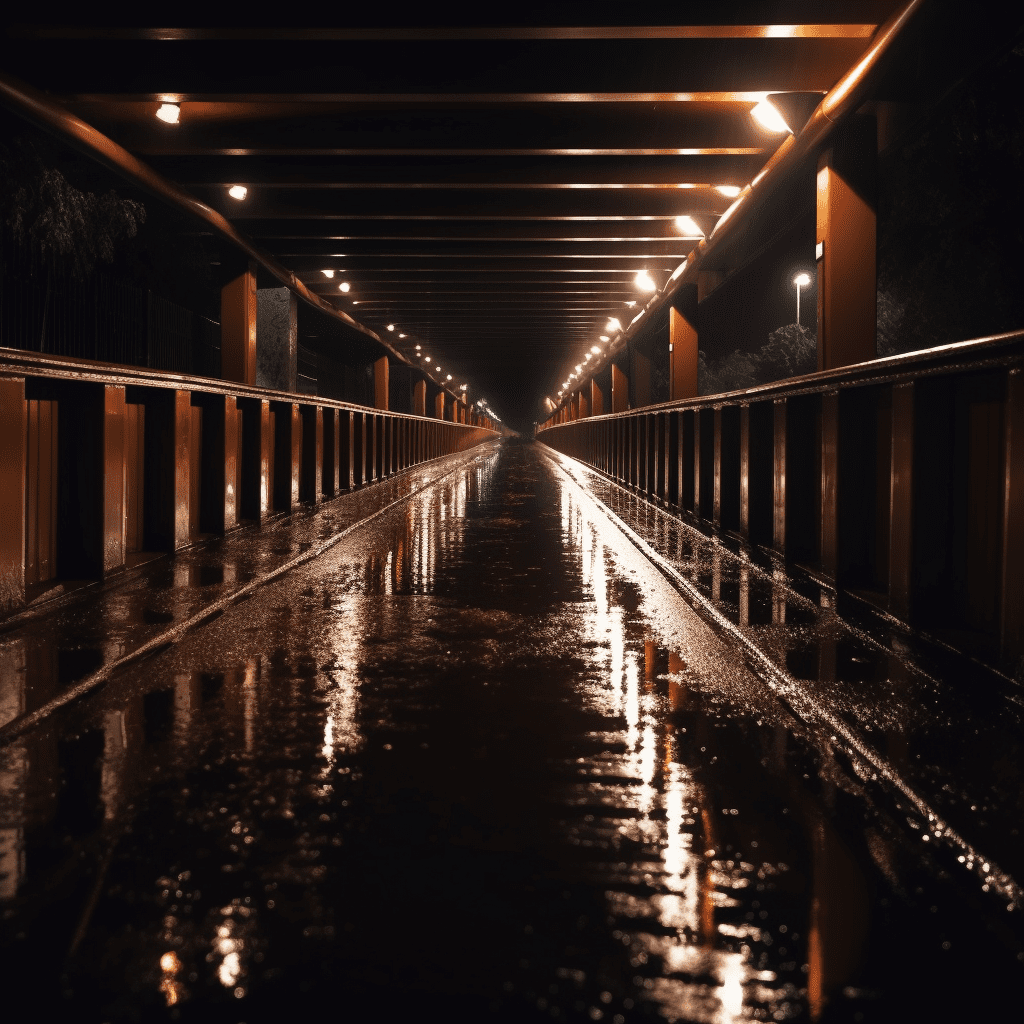 Un paseo lluvioso de noche bordeado de luces