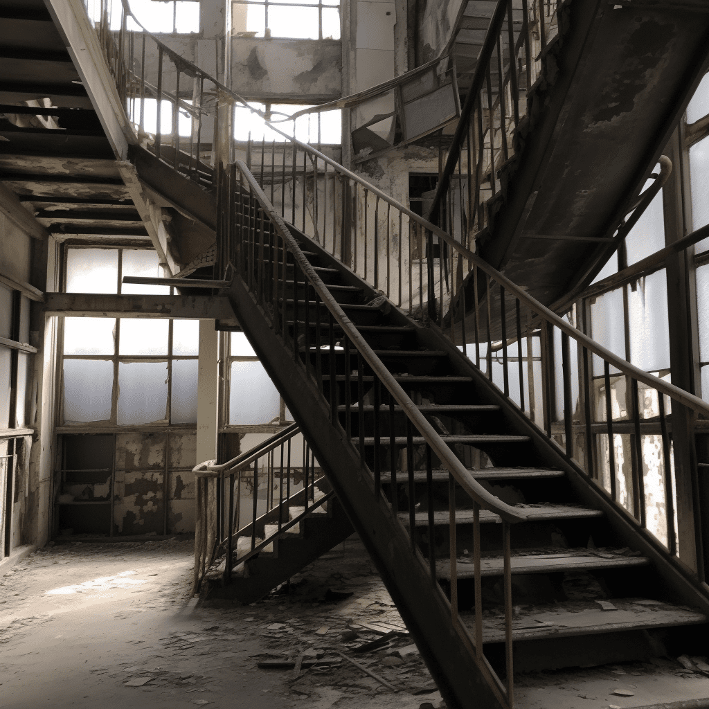 Two staircases criss-cross in a dilapidated building