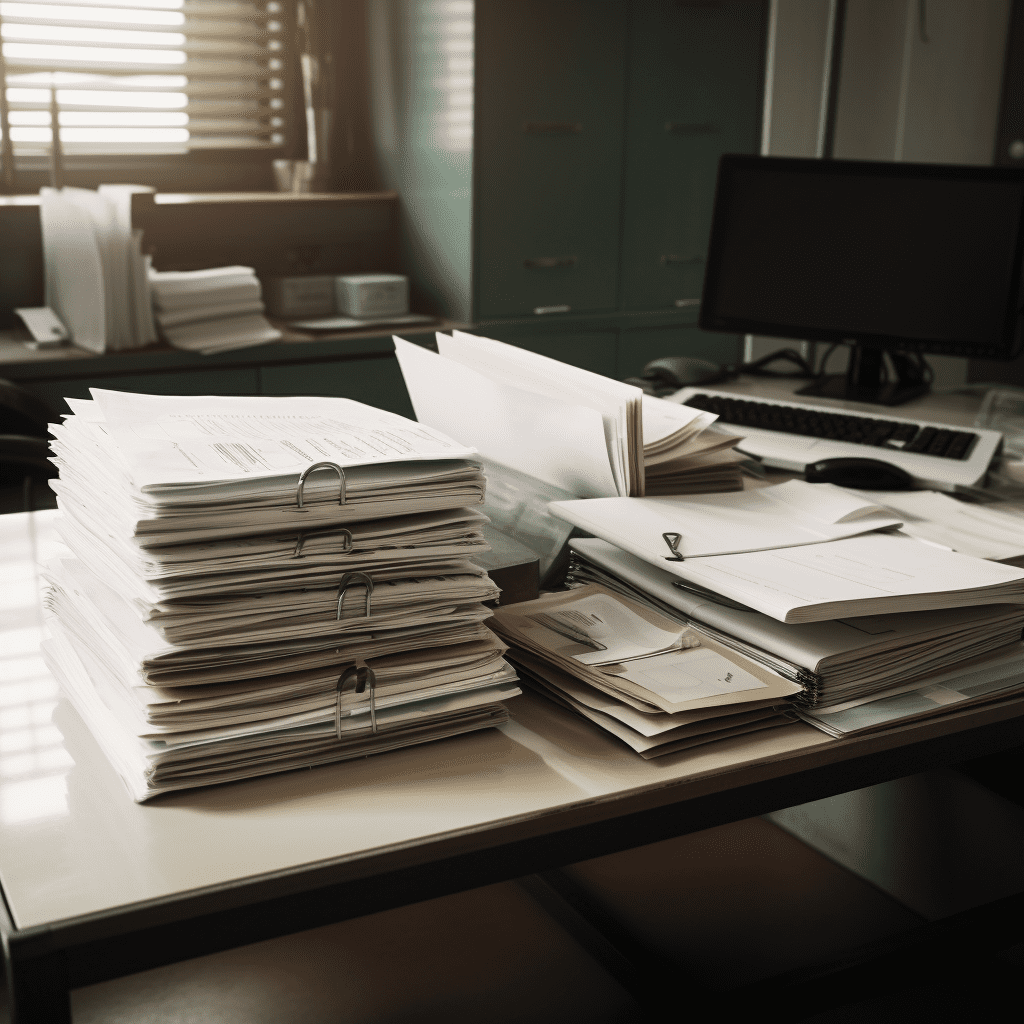 Una pila de papeles y carpetas descansa sobre la mesa de un médico