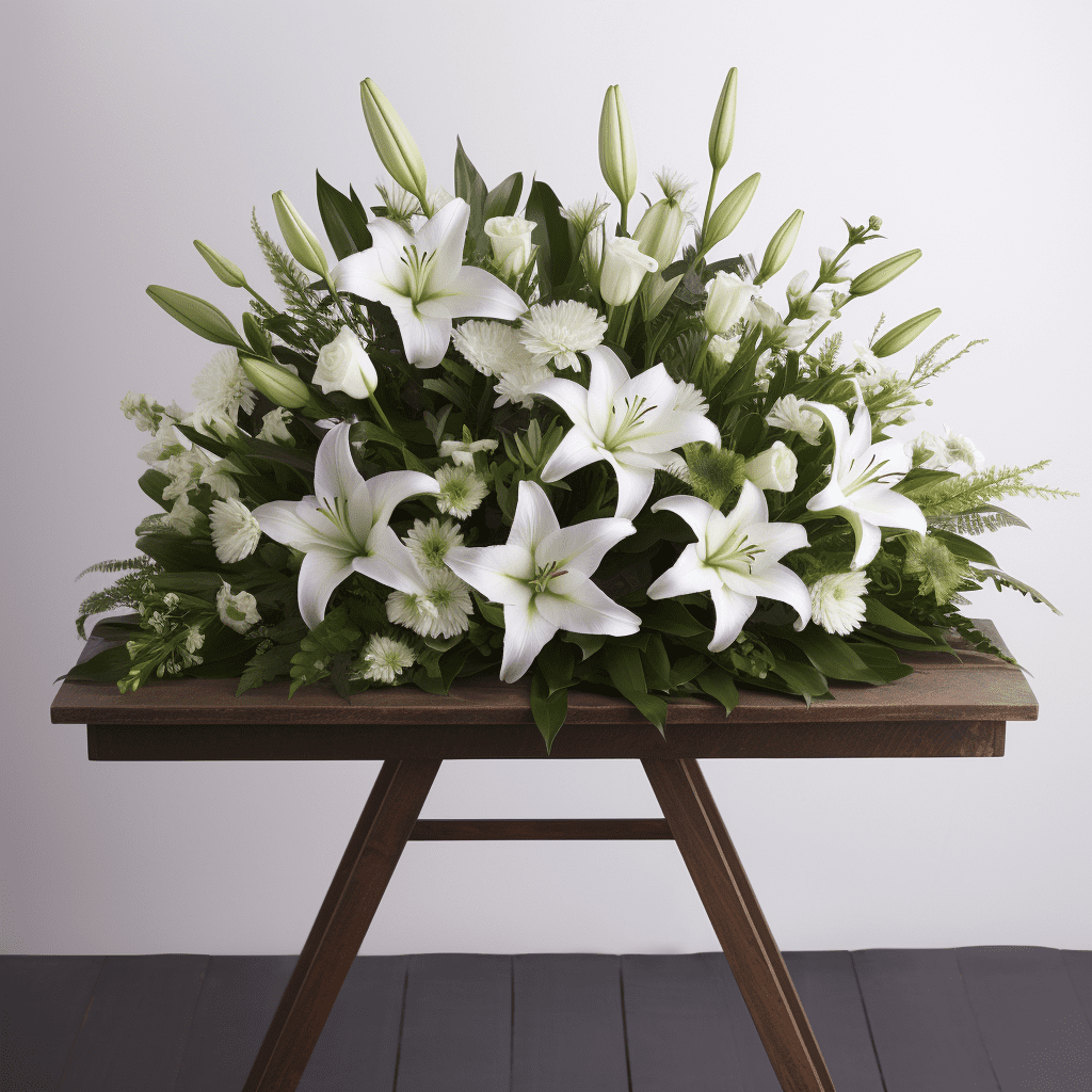 A table display of funeral lillies