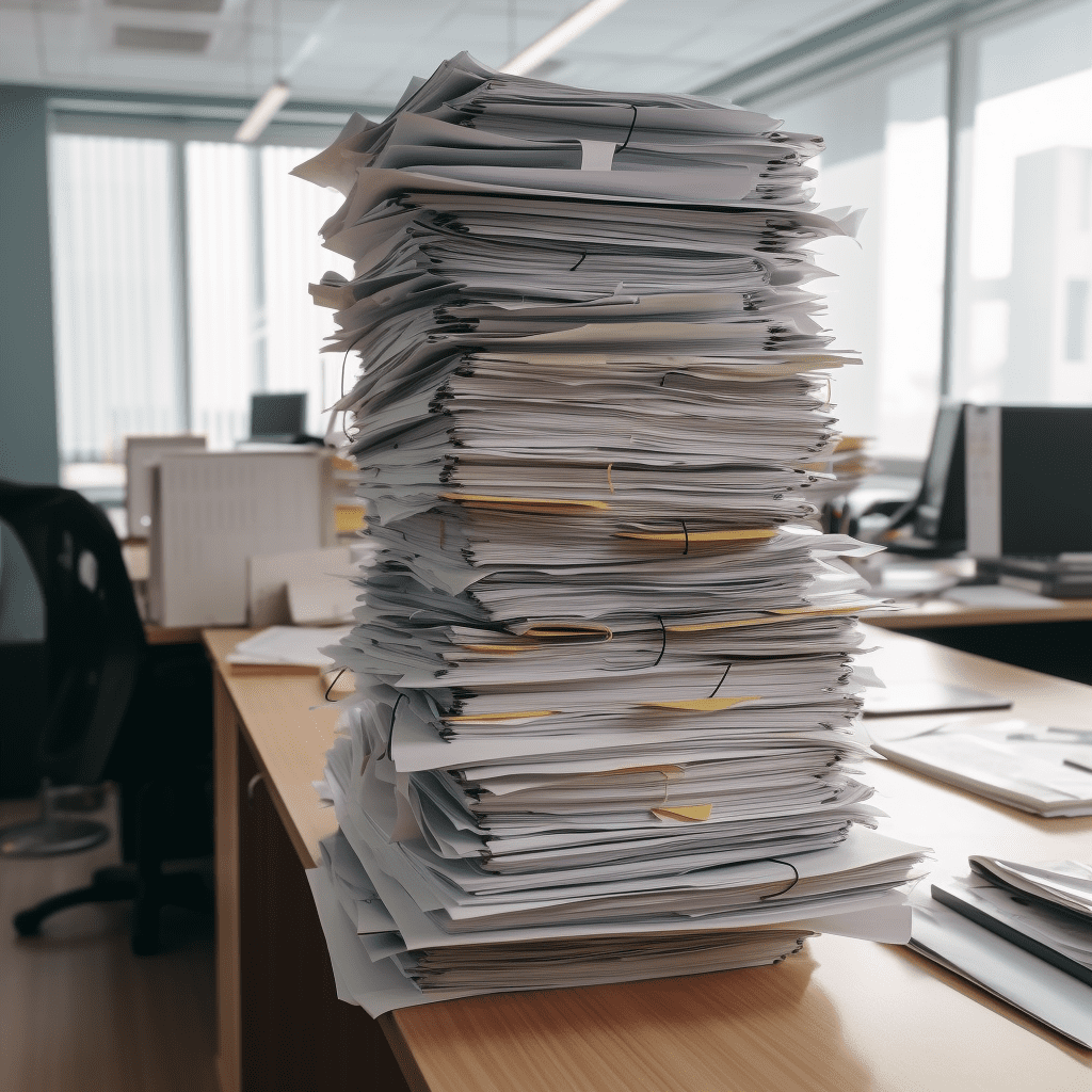 Una pila de papeles y documentos legales sobre un escritorio