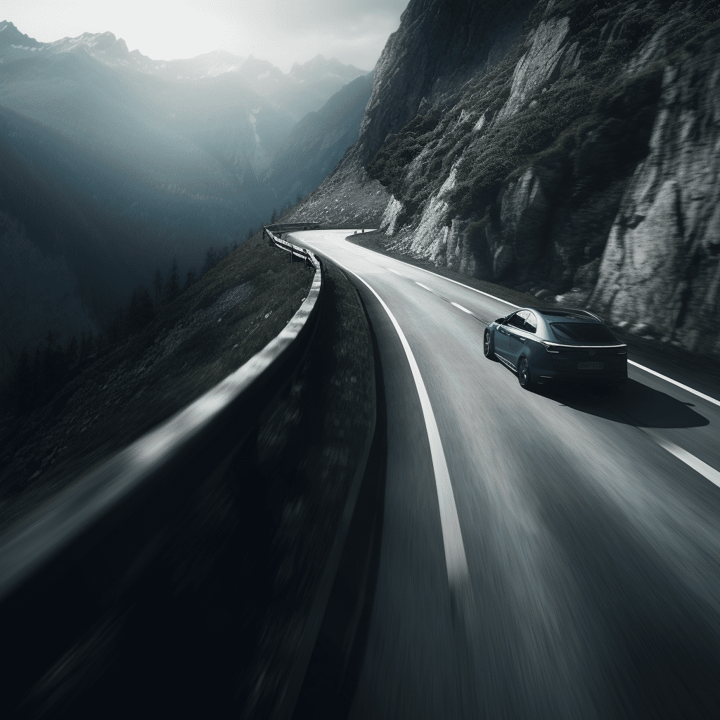 A silver car races up a mountain road