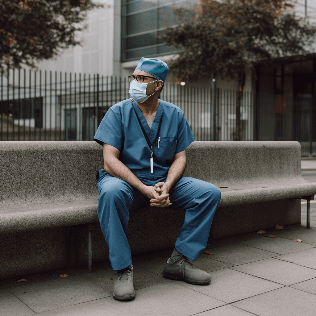 A surgeon sitting on a bench outside a hospital