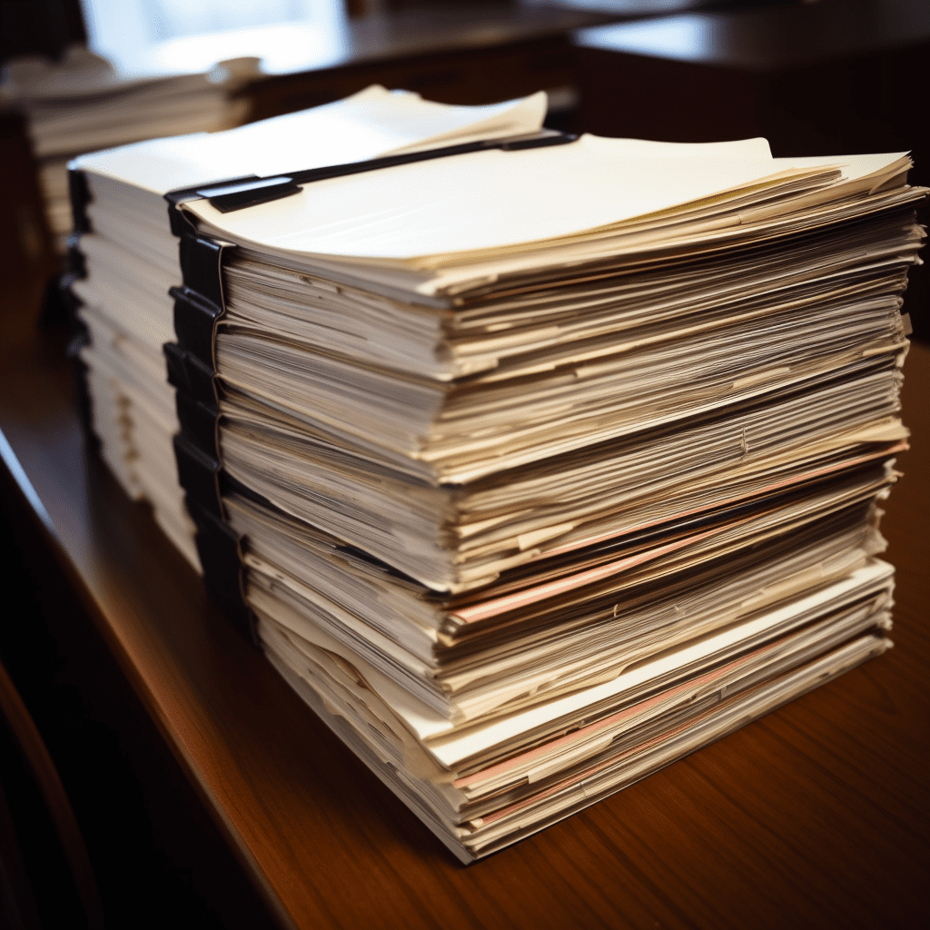 Pila de carpetas legales sobre un escritorio de madera