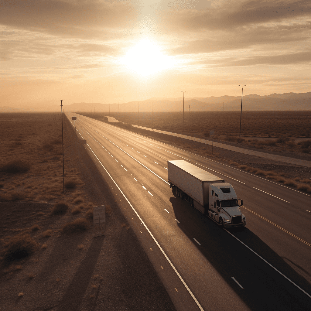 A white big rig truck drives down the highway on a sunny day