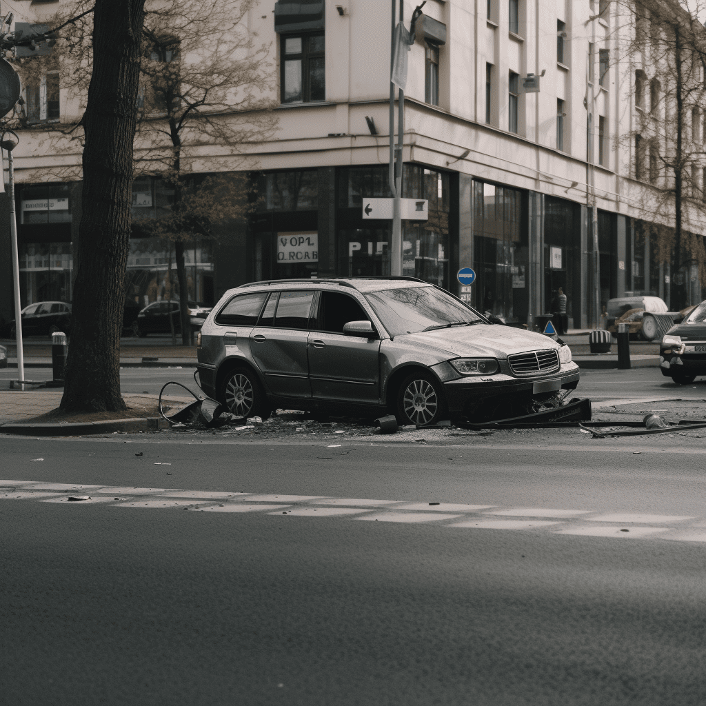 Un accidente de un coche gris que chocó contra un árbol en la mediana de una ciudad