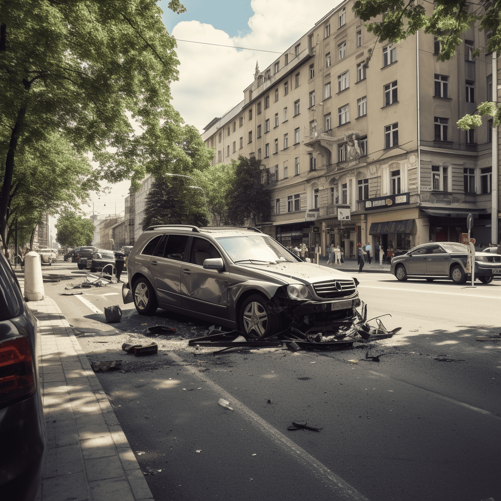 A photo of a car crash of a gray SUV on a city street