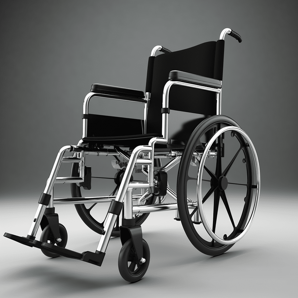Una silla de ruedas negra y plateada sobre un fondo degradado blanco y negro