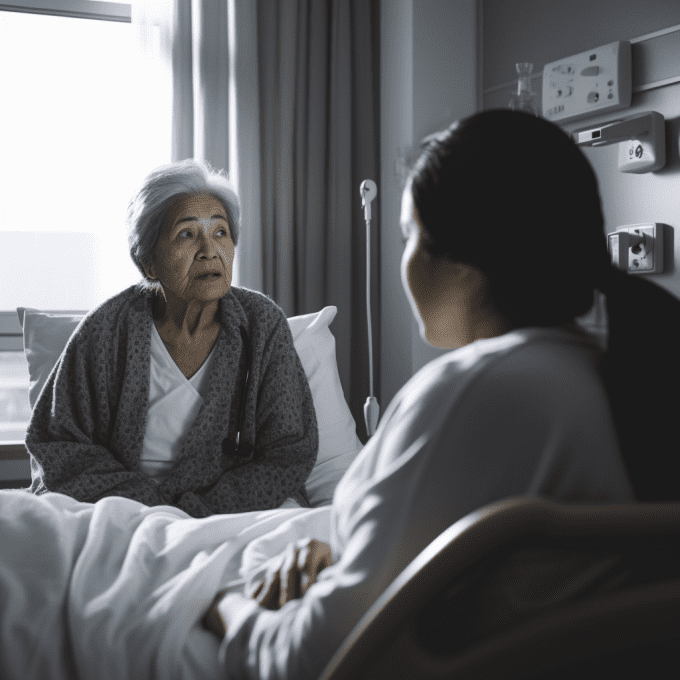 An old woman visiting a younger patient in a hospital