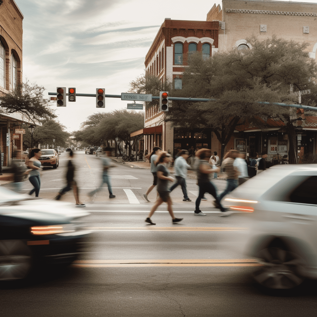 Gente paseando por Texas, se ven coches pasar a toda prisa
