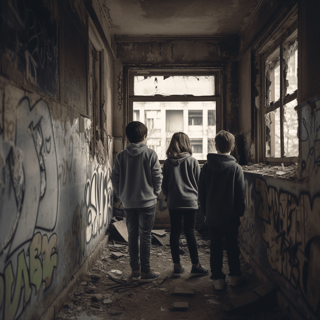 Un grupo de niños paseando por un edificio abandonado