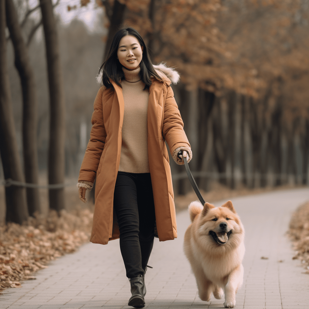 Una mujer paseando a un perro