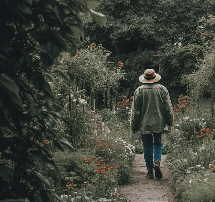 Un hombre paseando por un jardín