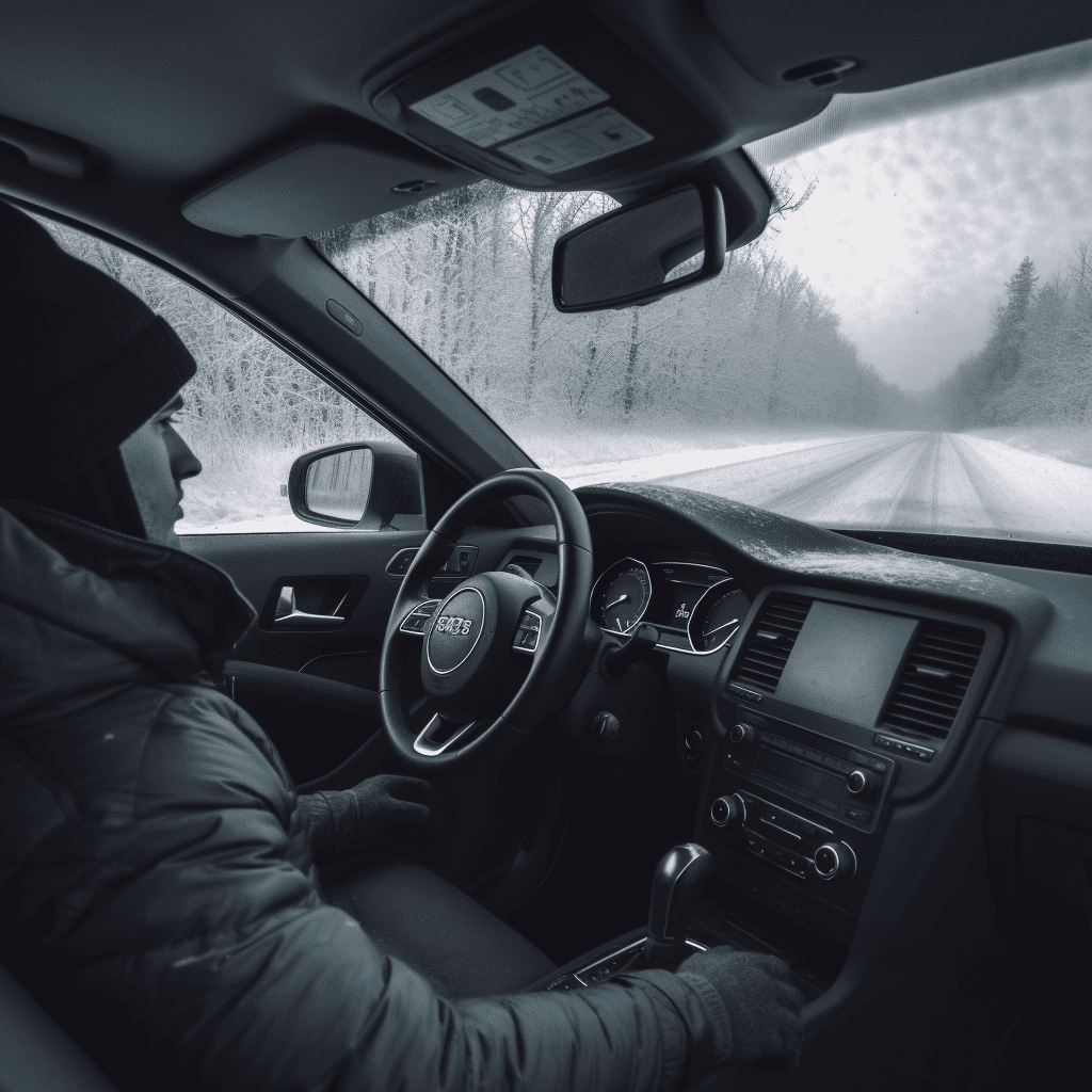 Una persona sentada dentro de un coche, mirando la nieve fuera