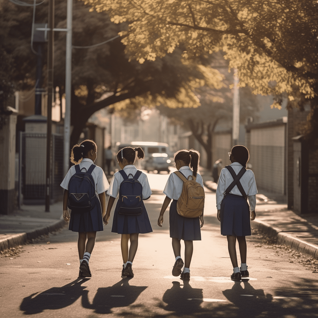Escolares caminando por una carretera