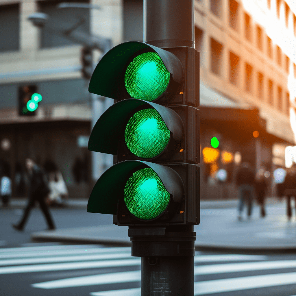 Vista ampliada de una señal de paso de peatones con semáforo en verde