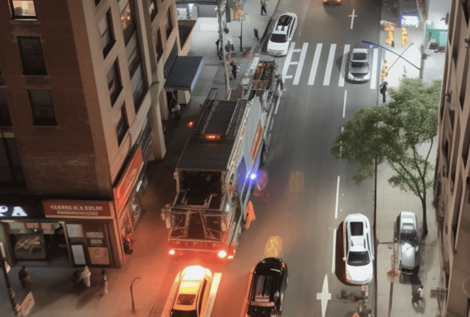 Ajustada: Vista superior desde un edificio alto de la calle de abajo - podemos ver coches, ambulancia y un camión de bomberos.