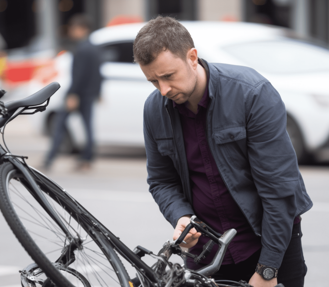 Una persona mirando su bicicleta dañada