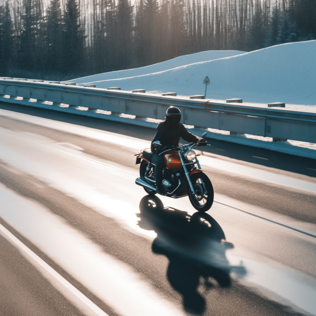 Un motorista pasa a toda velocidad por una carretera en invierno