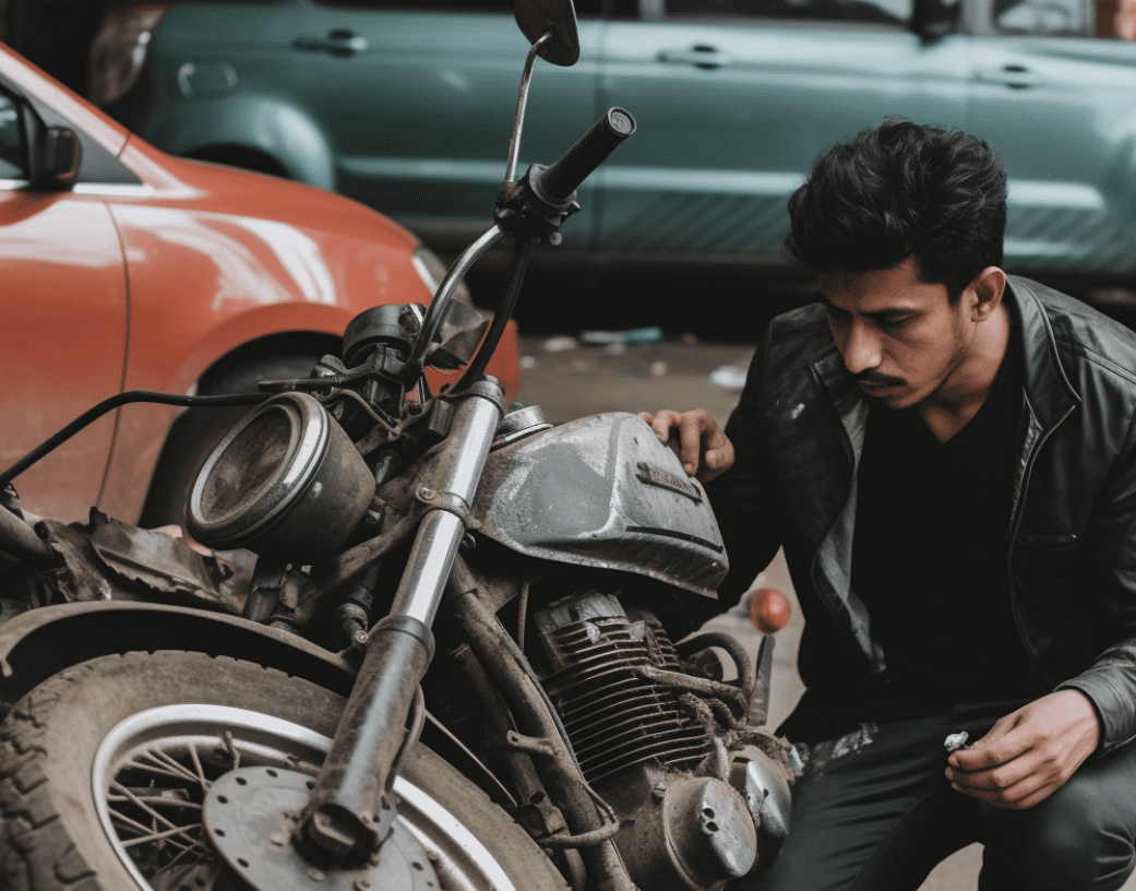 A person examining a motorcycle after an accident