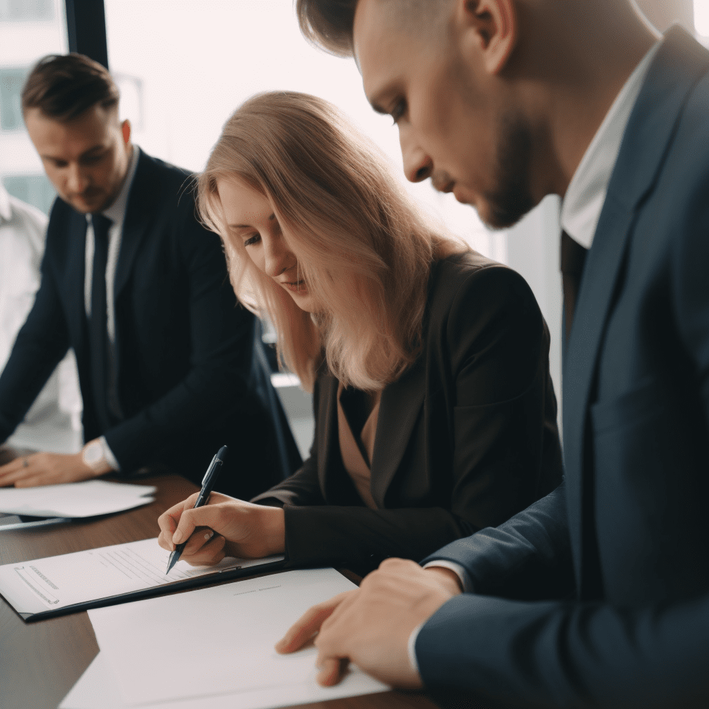 Lawyers reviewing documents