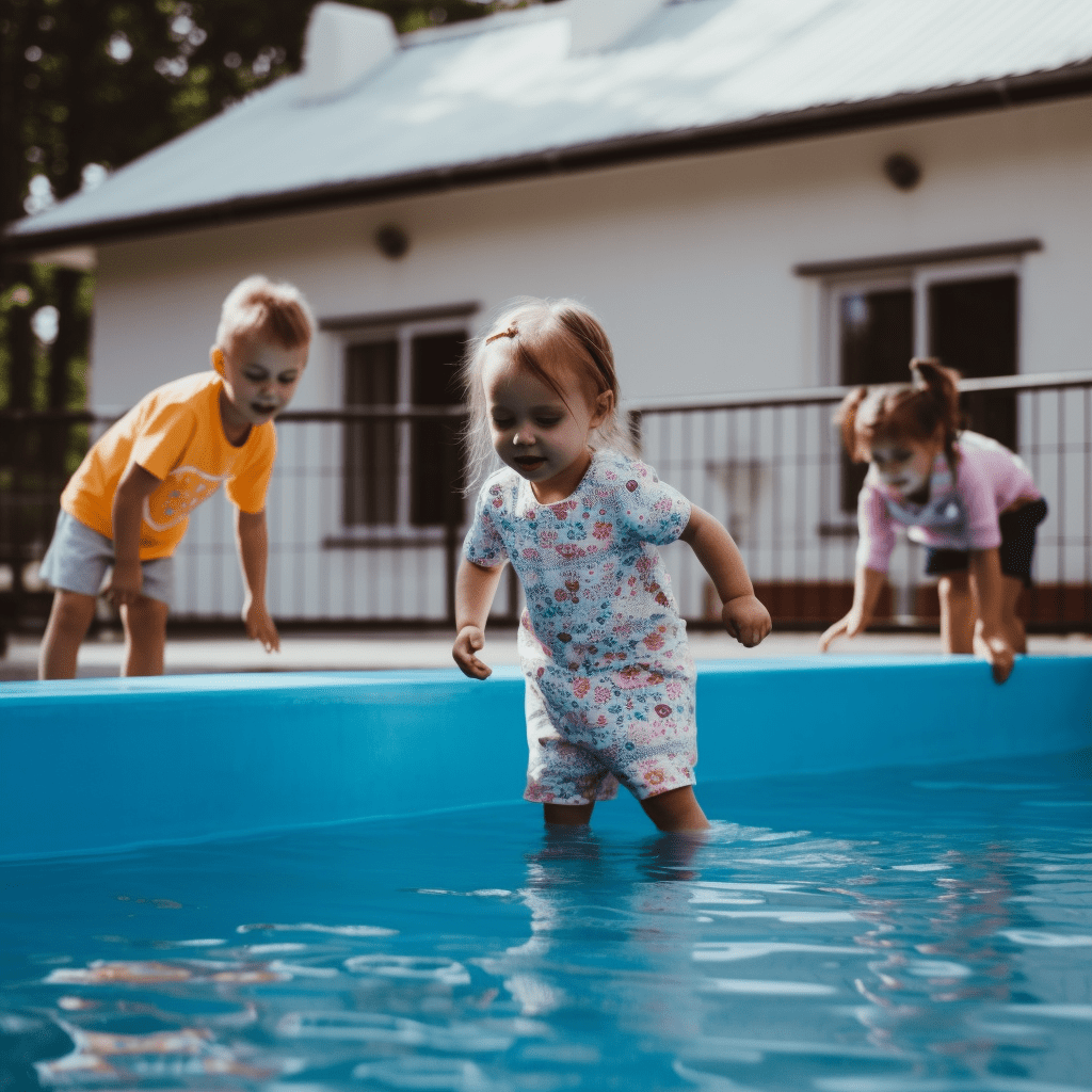 Un niño pequeño está dentro de una piscina, mientras otros dos niños pequeños intentan entrar