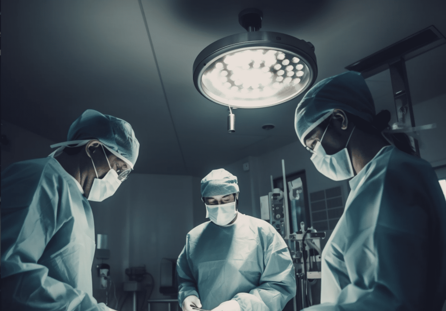 Un grupo de 3 cirujanos en un quirófano a punto de operar a un paciente