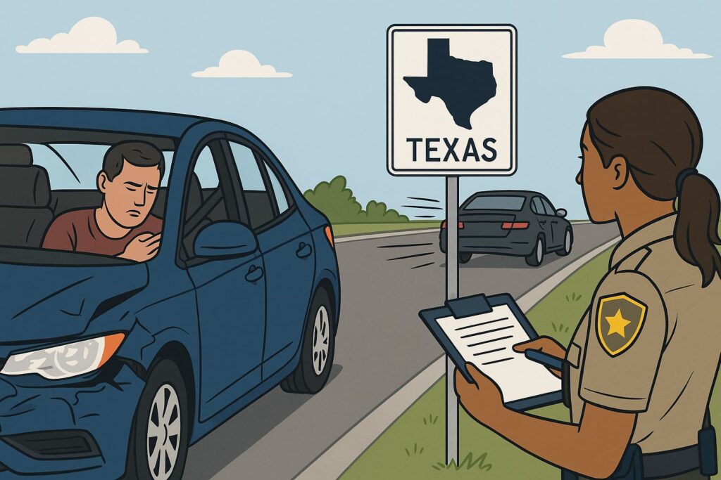 Illustration of a Texas highway hit-and-run scene showing an injured driver in a damaged car, a fleeing vehicle, and a police officer taking notes.