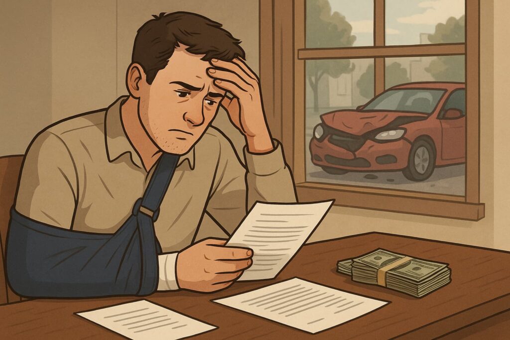 Semi-realistic illustration of an injured man in an arm sling, worriedly reviewing documents and cash at a table, with a wrecked red car outside the window.