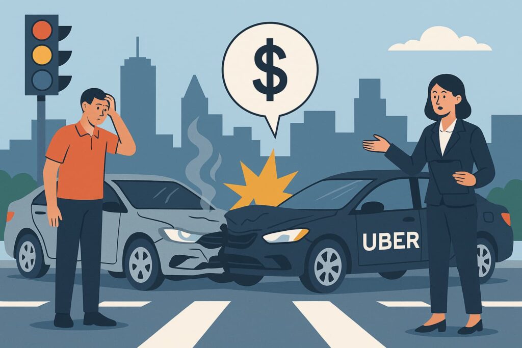 A flat-style digital illustration shows a rideshare accident in Dallas-Fort Worth, with a gray sedan and a black Uber car colliding at an intersection; a male driver looks distressed while a female lawyer gestures confidently.