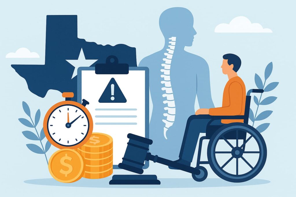 Illustration of a Texas spinal cord injury claim showing a man in a wheelchair, spine diagram, legal symbols, a stopwatch, and money to represent urgency, compensation, and the statute of limitations in Texas.