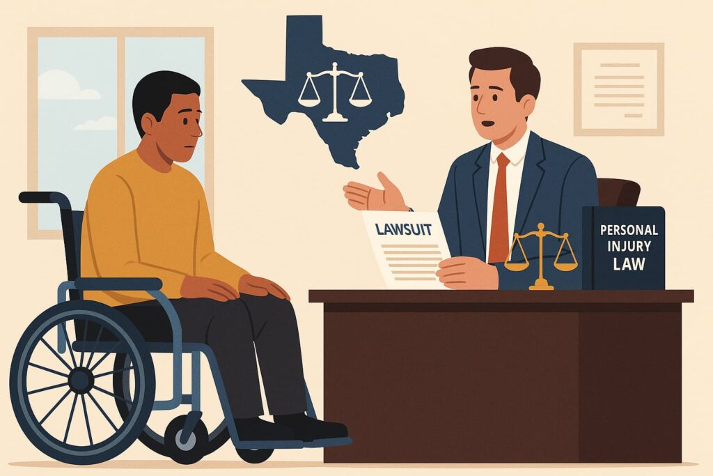 A flat-style illustration of a spinal cord injury victim in a wheelchair speaking with a personal injury lawyer in a Texas law office setting.
