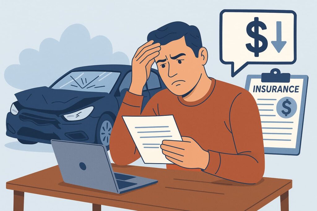 Distressed man reviews a low car accident insurance settlement offer at a desk with a damaged car and insurance documents in the background.