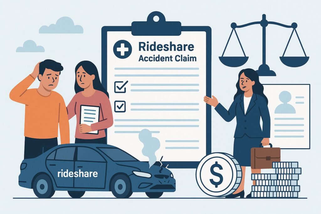 Illustrated scene of a rideshare accident claim process with a damaged car, injured pedestrian, clipboard form, and a lawyer providing legal guidance.
