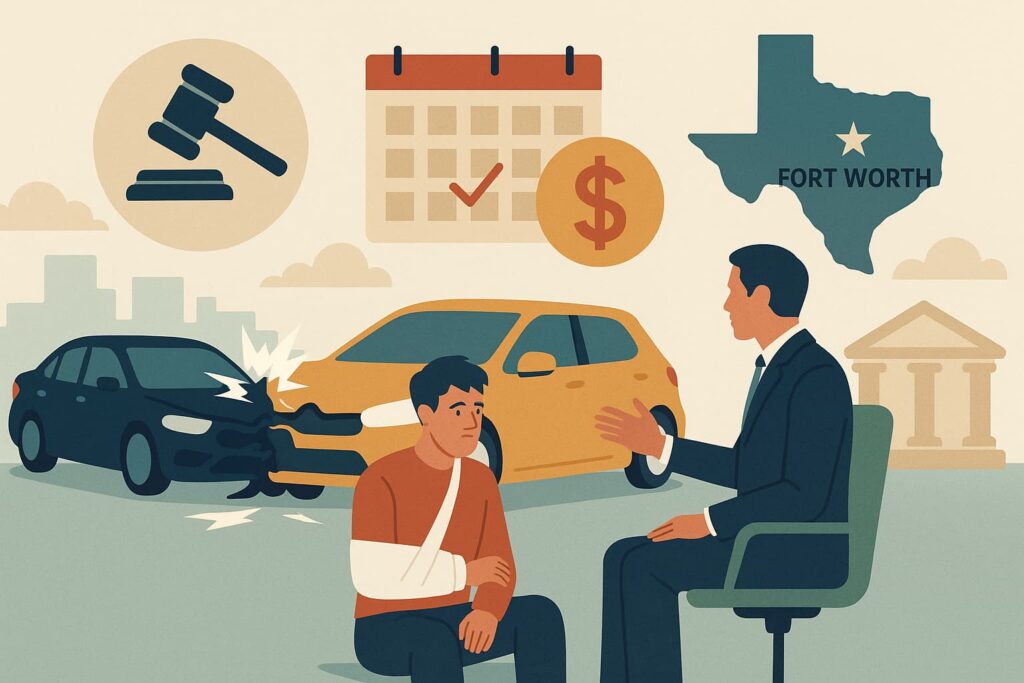 Flat-style digital illustration of a Fort Worth rideshare accident scene with injured person, car crash, lawyer, and legal symbols like calendar and scales.