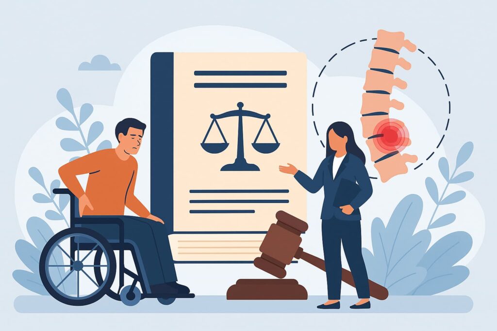 Illustration of a spinal cord injury victim in a wheelchair consulting with a lawyer, with legal icons and spine diagram representing injury and justice.