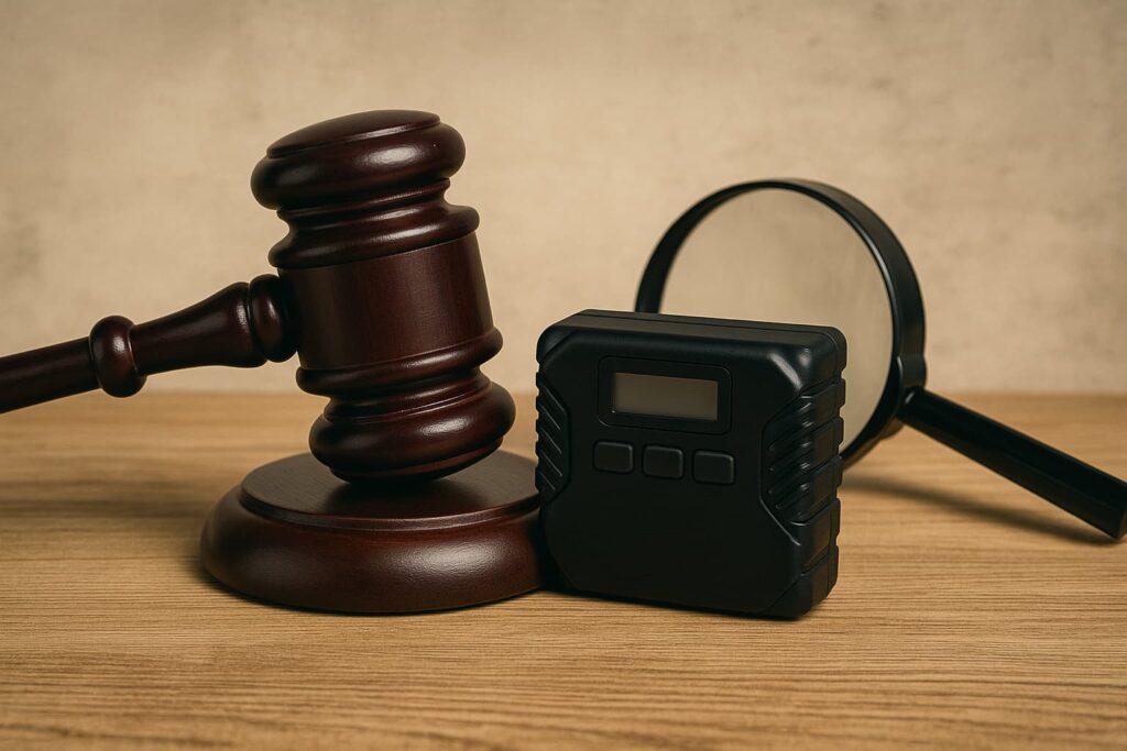 Judge’s gavel beside a truck black box device and magnifying glass on a wooden desk, symbolizing investigation and legal evidence after a truck accident.