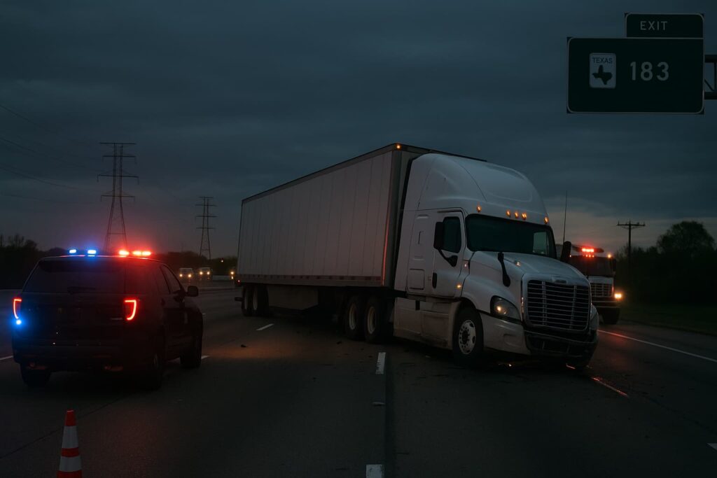 Police cruiser and emergency lights surround a jackknifed semi-truck blocking lanes on a Texas highway at dusk, indicating a serious truck accident scene.