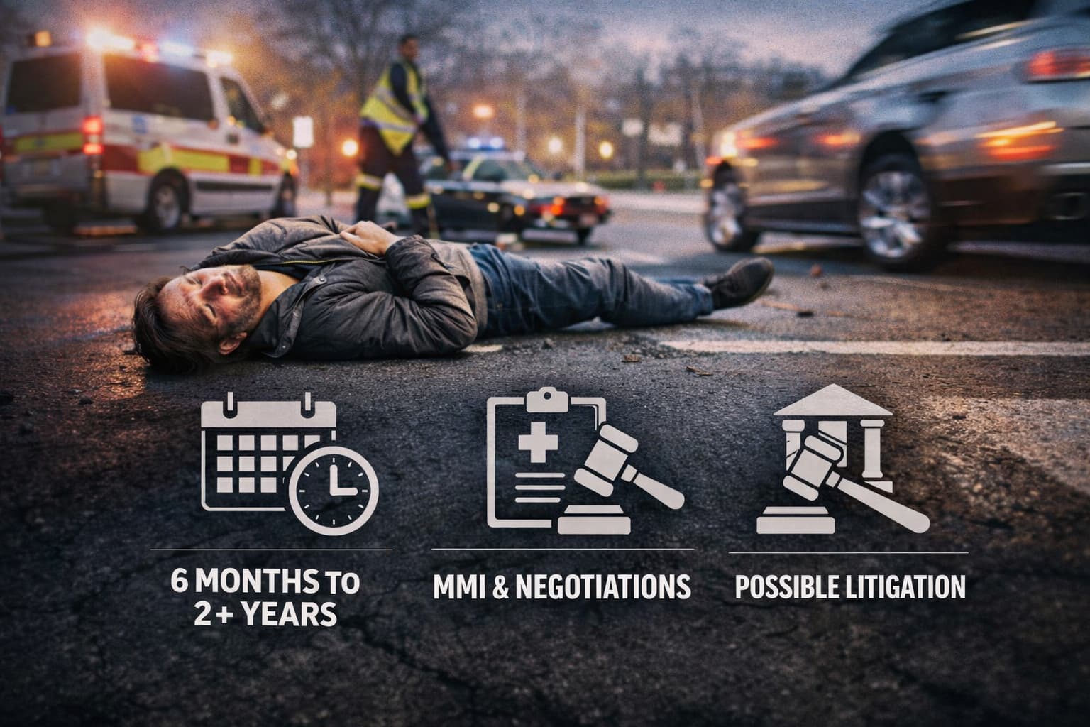 Pedestrian accident claim timeline showing injured pedestrian on roadway with vehicles and icons representing settlement duration, medical recovery, and possible litigation.