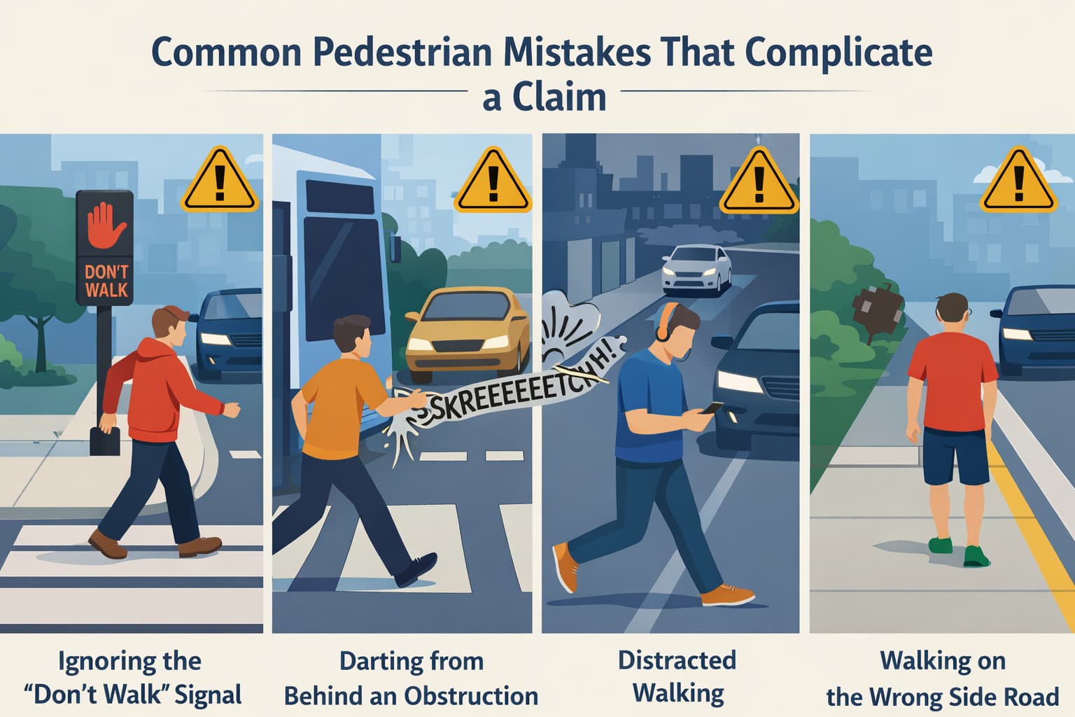 Common Pedestrian Mistakes That Complicate a Claim Under Texas Law Flat vector illustration showing common pedestrian mistakes that complicate injury claims including ignoring walk signals, jaywalking, distracted walking, and walking against traffic in Texas