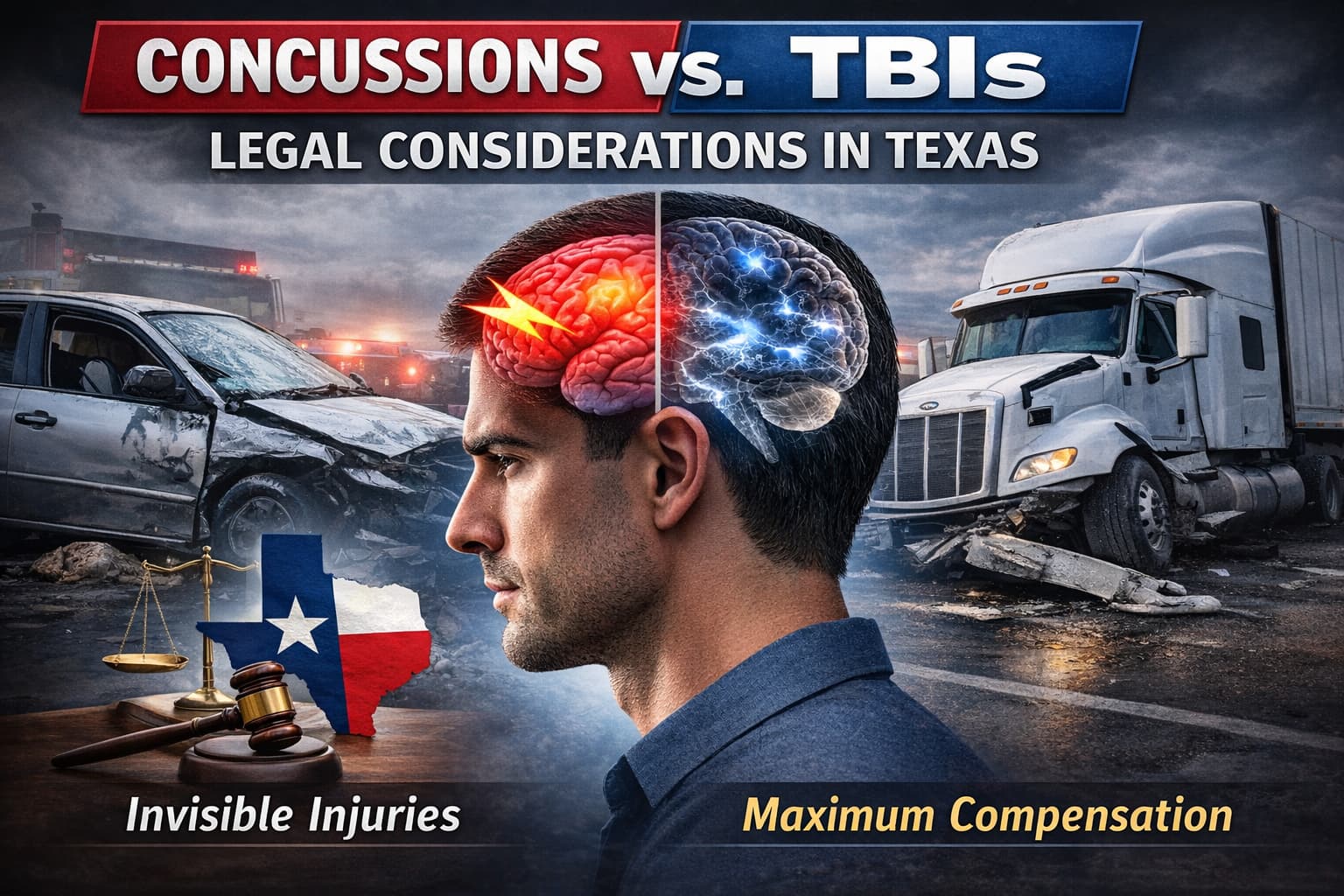 Concussions vs traumatic brain injuries in Texas showing invisible brain damage after a car or truck accident and the legal impact on injury claims