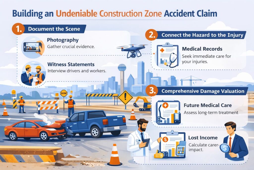 Infografía vectorial de estilo plano que muestra los pasos para tramitar una reclamación por accidente en una zona de obras, incluyendo la documentación del lugar del accidente, el historial médico y la valoración de los daños.